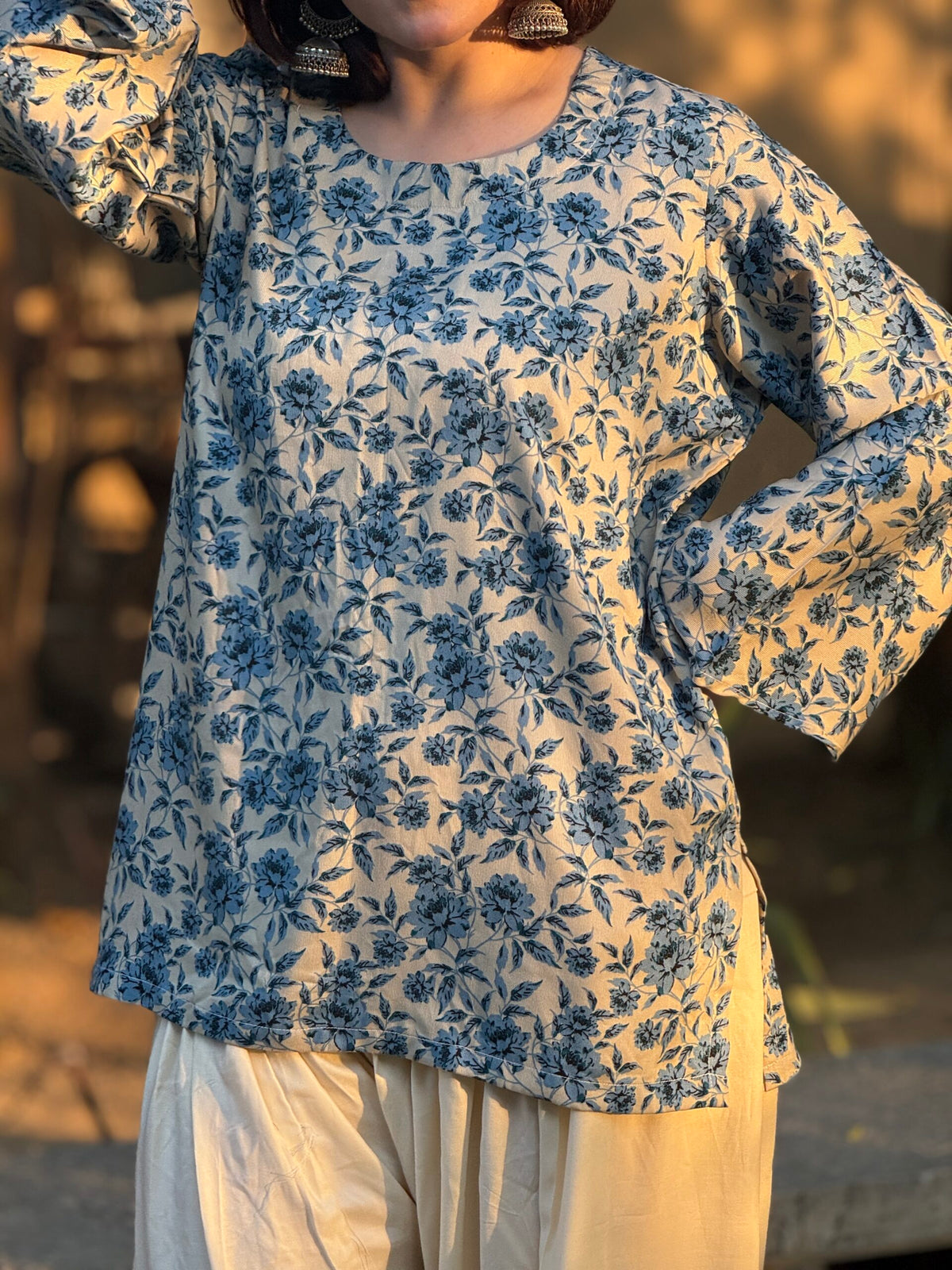 2-Piece Printed Blue kurti with White Farshi Shalwar
