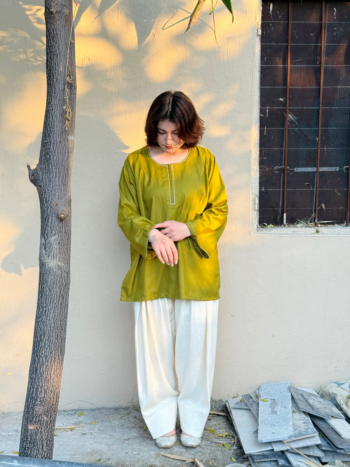 Olive Whisper – Embroidered Two-Piece Suit