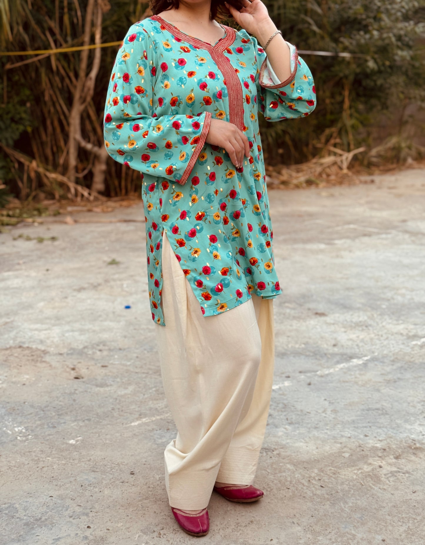Aqua Bloom – Embroidered Two-Piece Suit