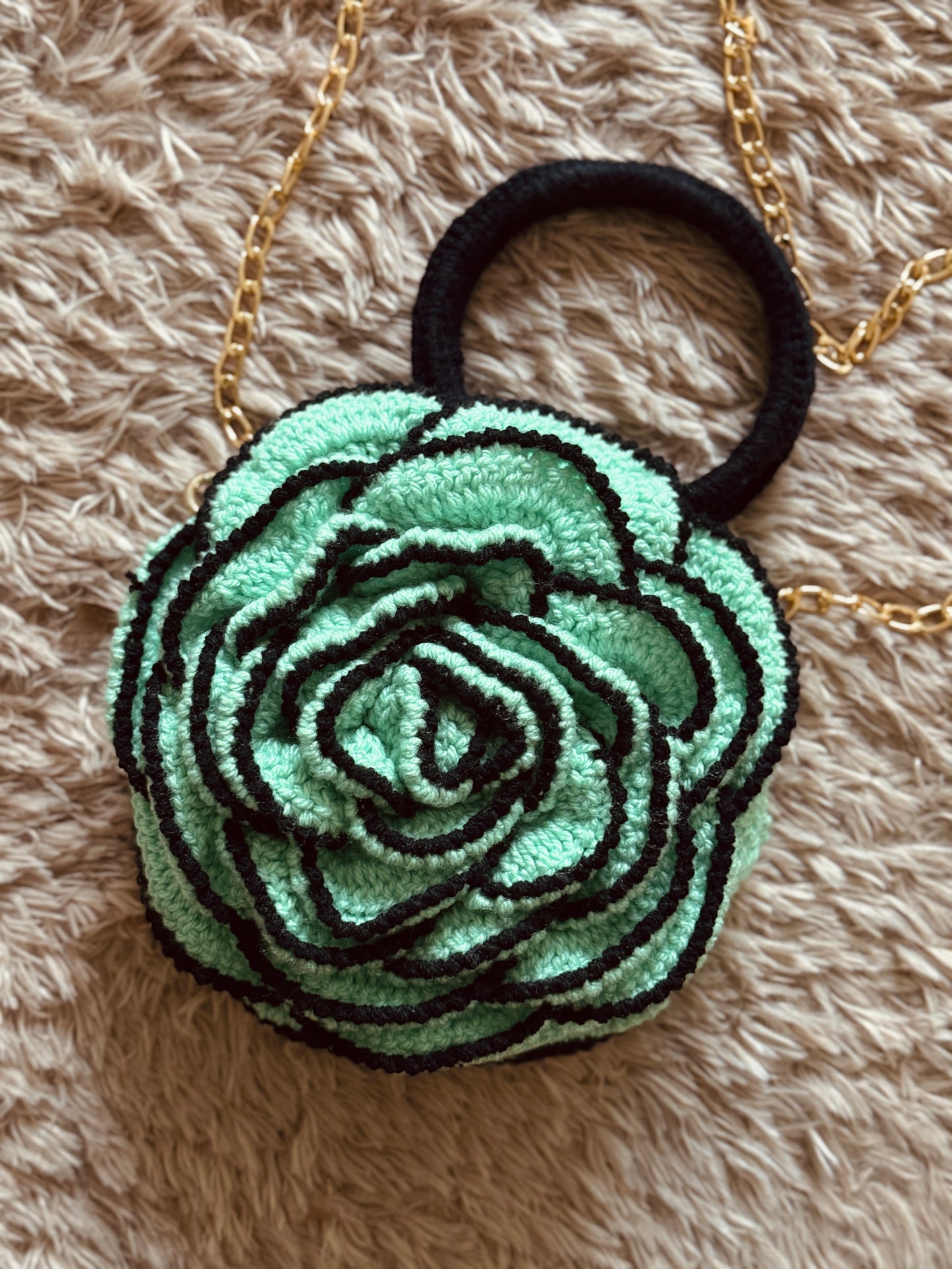 Handcrafted Crochet Rose Purse – Neon Blue with Gold Chain