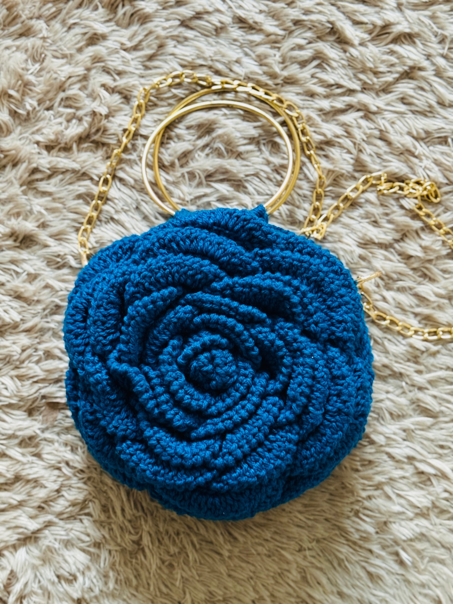 Handcrafted Crochet Rose Purse – Elegant Blue with Gold Chain