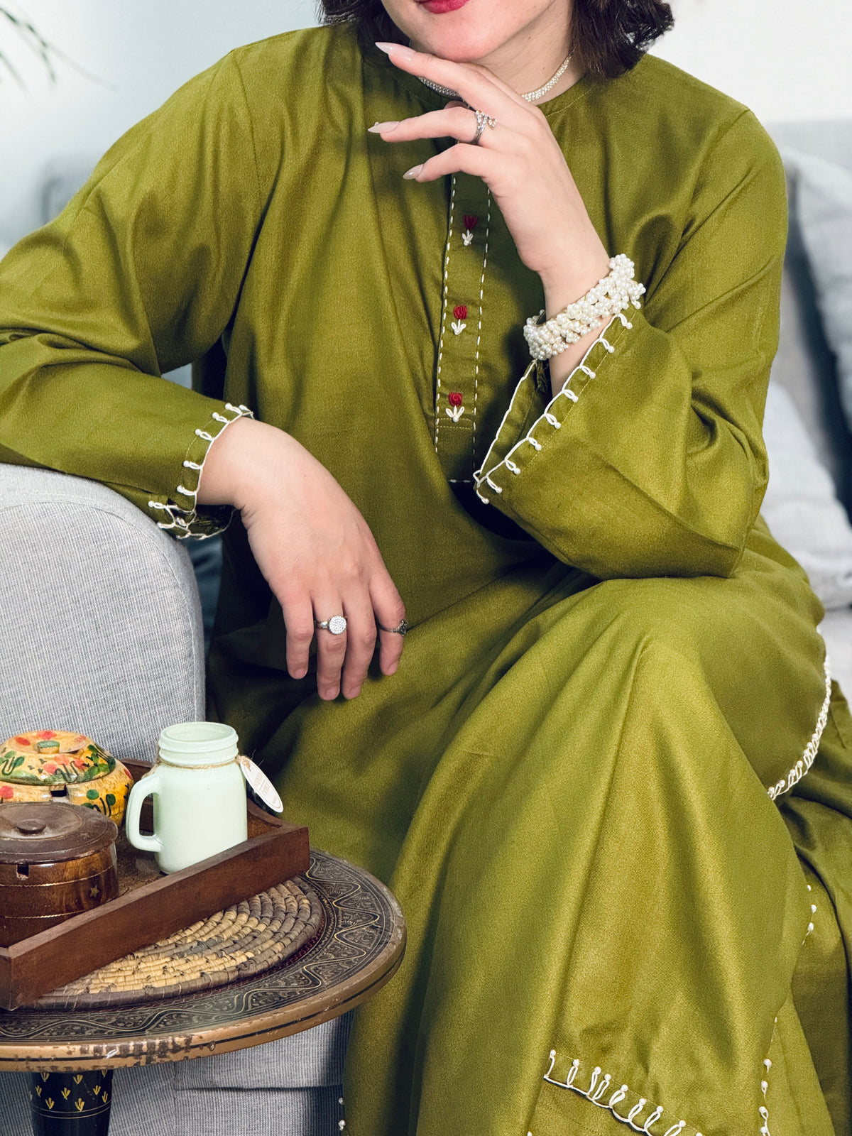 Olive Serenity – Hand-Embroidered Two-Piece Suit