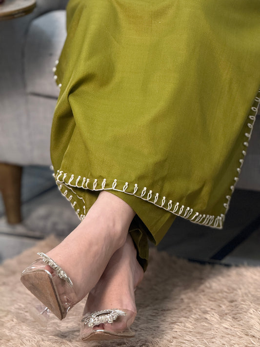 Olive Serenity – Hand-Embroidered Two-Piece Suit
