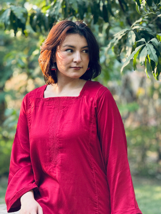 2-Piece Suit Crimson Red Marina Solid Embroidered