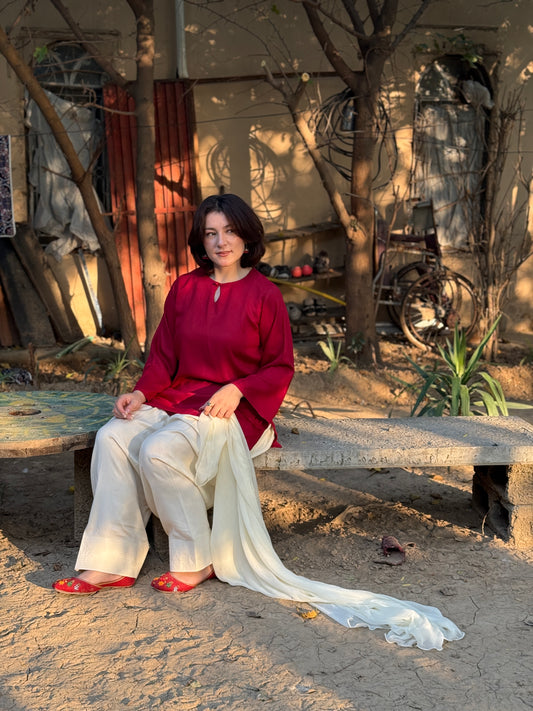 2-Piece Crimson Red Kurti with Farshi Shalwar