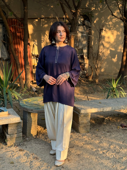 2 Piece Solid embroidered Navy blue kurti with cream color Farshi Shalwar