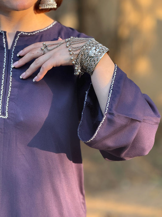 2 Piece Solid embroidered Navy blue kurti with cream color Farshi Shalwar