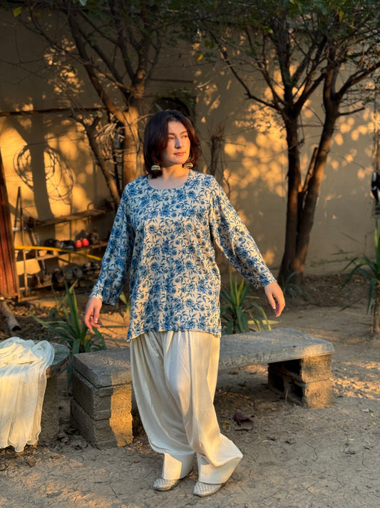 2-Piece Printed Blue kurti with White Farshi Shalwar