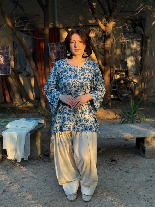 2-Piece Printed Blue kurti with White Farshi Shalwar