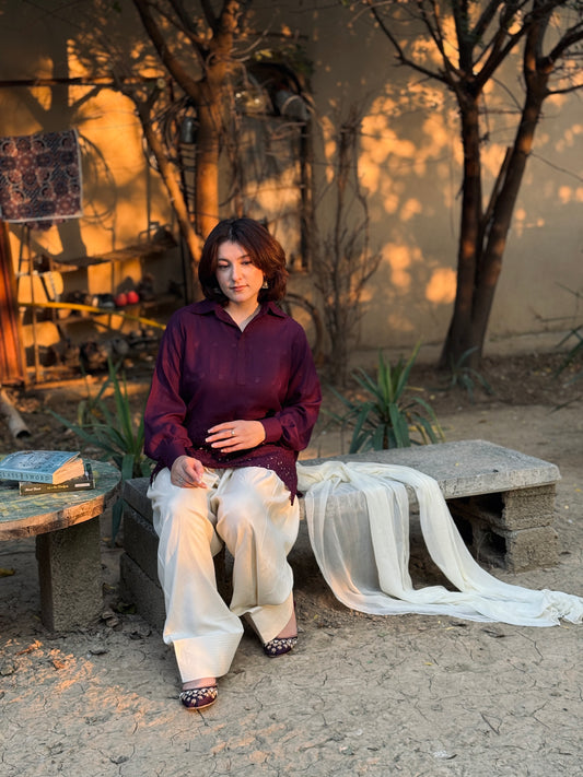 2-Piece Chicken Kaari Solid Purple Marina with Farshi Shalwar