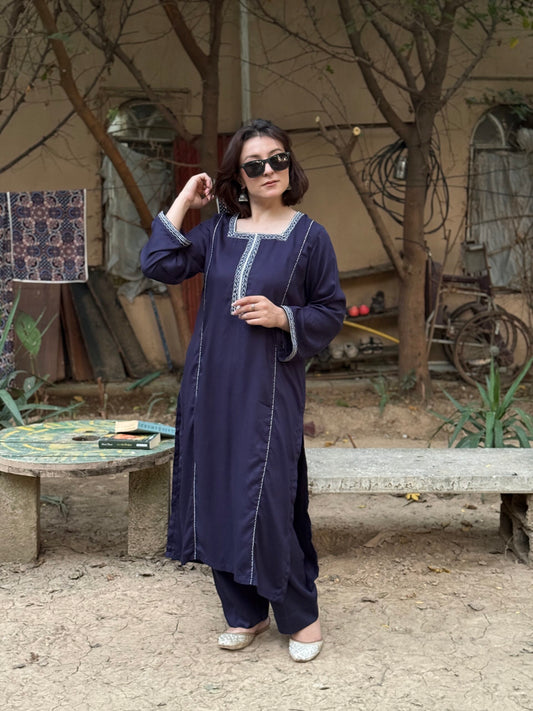 2-Piece Navy Blue Marina Solid Embroidered