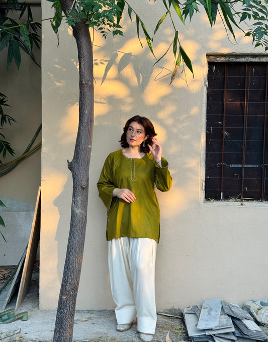 Olive Whisper – Embroidered Two-Piece Suit