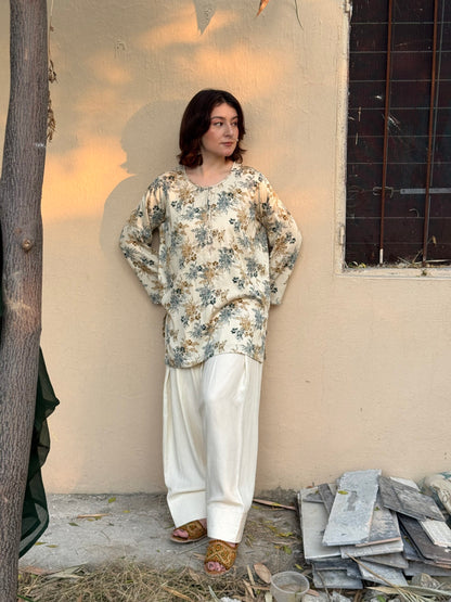 Ivory Bloom – Printed Marina Kurta with Farshi Shalwar