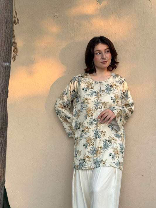 Ivory Bloom – Printed Marina Kurta with Farshi Shalwar