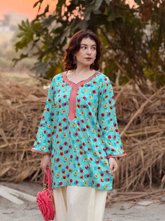 Aqua Bloom – Embroidered Two-Piece Suit