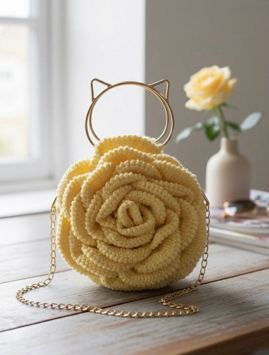 Handcrafted Crochet Rose Purse – Sunny Yellow with Cat Handle & Gold Chain