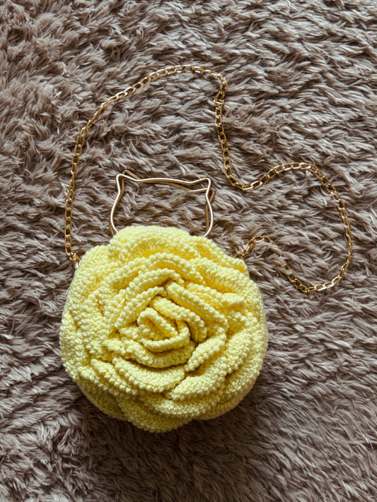 Handcrafted Crochet Rose Purse – Sunny Yellow with Cat Handle & Gold Chain