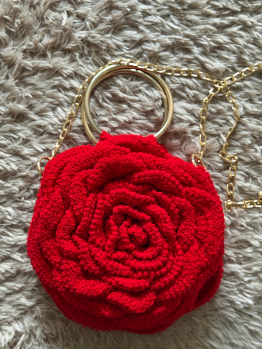 Handcrafted Crochet Rose Purse – Bold Red with Gold Chain