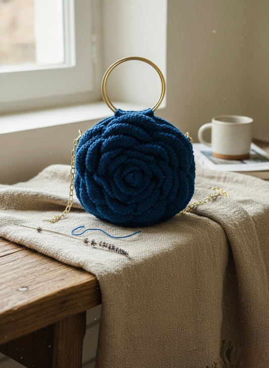 Handcrafted Crochet Rose Purse – Elegant Blue with Gold Chain