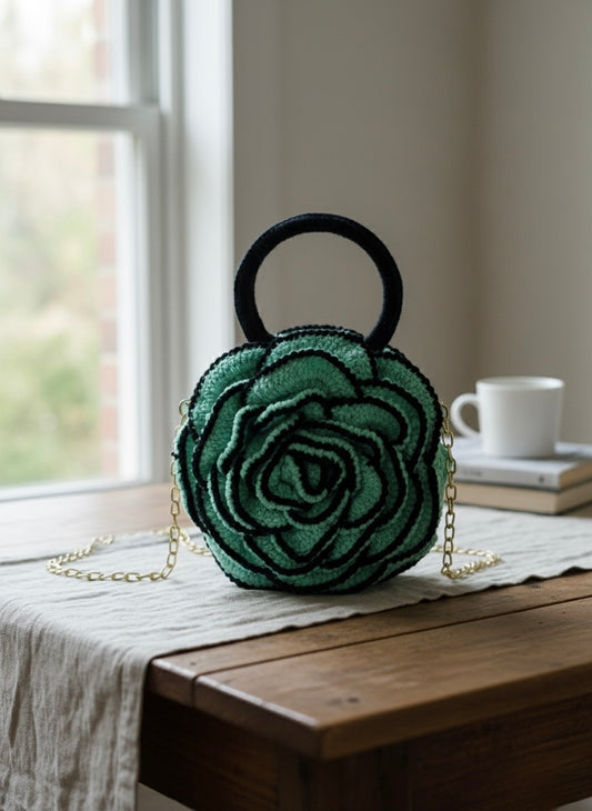 Handcrafted Crochet Rose Purse – Neon Blue with Gold Chain