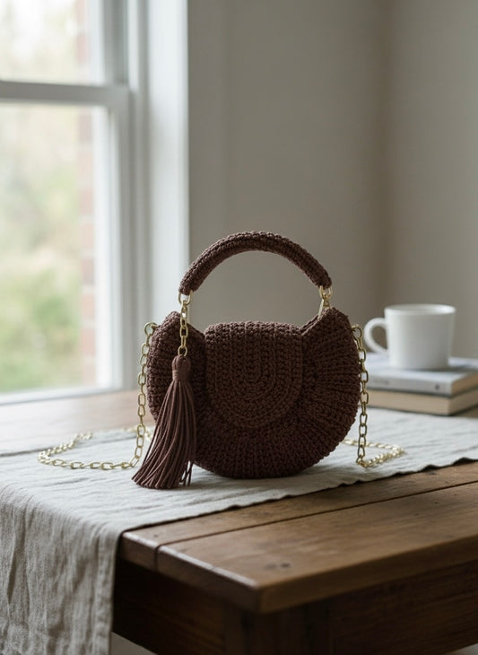 Handcrafted Crochet Purse – Dark Brown with Gold Chain