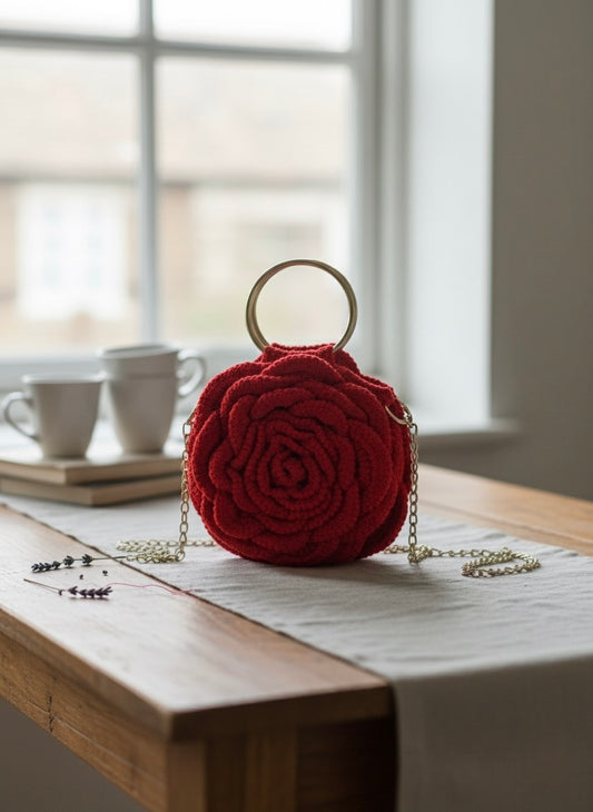 Handcrafted Crochet Rose Purse – Bold Red with Gold Chain