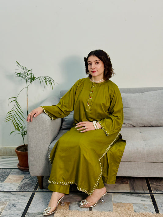 Olive Serenity – Hand-Embroidered Two-Piece Suit